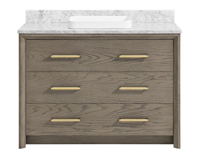 Greentouch Home Knowell 48-in Rustic Taupe Oak Semi-recessed Single Sink Bathroom Vanity with Carrara Natural Marble Top