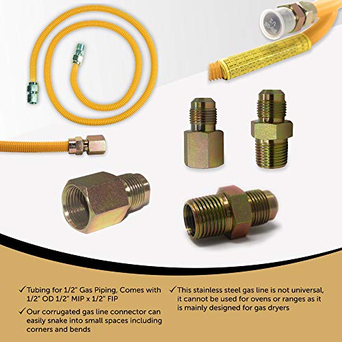 Appliance Pros Flexible Stainless Steel Gas Line for Dryer, Gas Hose Connector Kit, Comes with 1/2" OD 1/2" MIP x 1/2" FIP, Stainless Steel (GASLINE72)