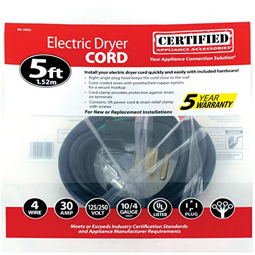 Certified Appliance Accessories 30-Amp Appliance Power Cord, 4 Prong Dryer Cord, 4 Color Coded Wires with Eyelet Connectors, 5ft, Copper Wire