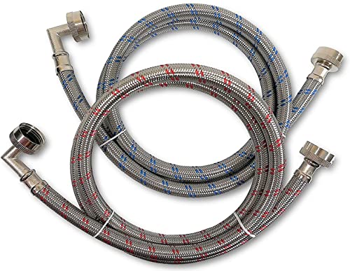 Premium Stainless Steel Washing Machine Hoses with 90 Degree Elbow, 4 Ft Burst Proof (2 Pack) Red and Blue Striped Water Connection Inlet Supply Lines